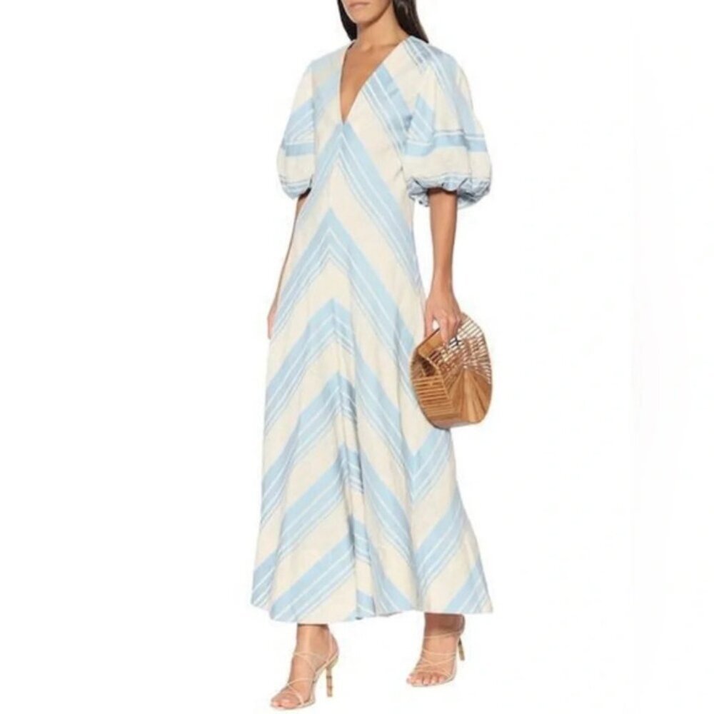 NWT Lee Mathews Tilda Chevron Linen Blend Maxi Dress in Celadon Blue 4